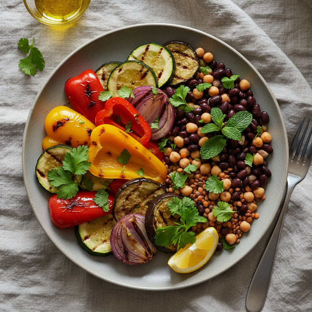 Assiette colorée avec des légumes grillés, des légumineuses et des herbes fraîches sur une nappe en lin, représentant une alimentation variée et équilibrée comme source d'énergie durable
