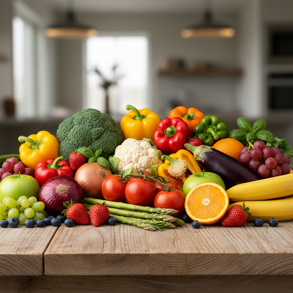 Assortiment coloré de légumes frais et de fruits disposés sur une surface en bois naturel, illustrant la diversité et la richesse nutritionnelle d'une alimentation variée
