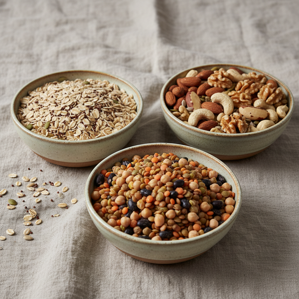 Céréales complètes, légumineuses et noix présentés dans des bols en céramique sur fond de lin, représentant les sources de protéines végétales et de glucides complexes